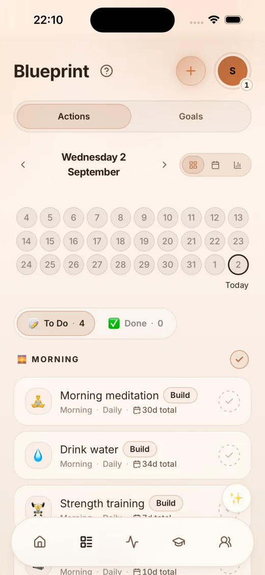 The Self+ Blueprint hub, in the Femi+ light theme