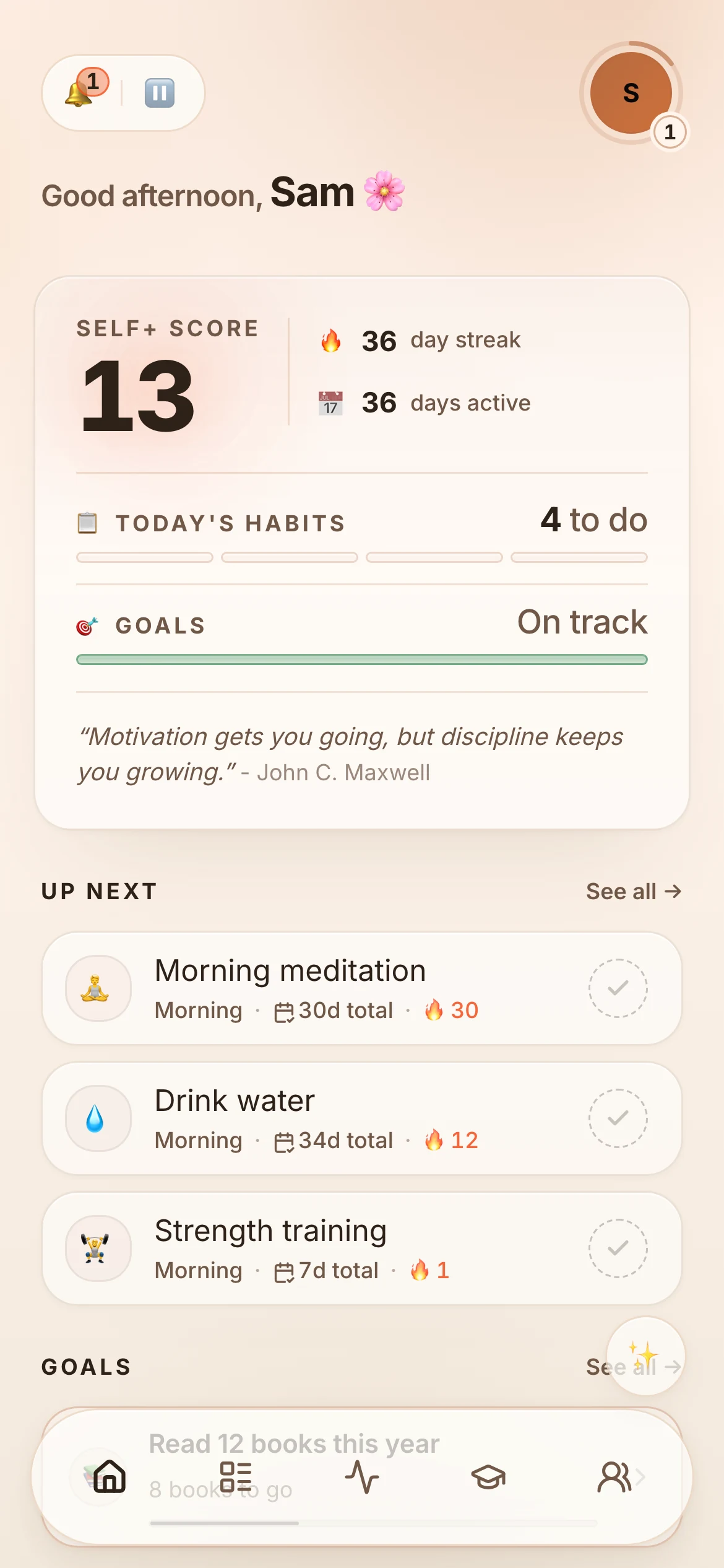 The Self+ Home hub, in the Femi+ light theme