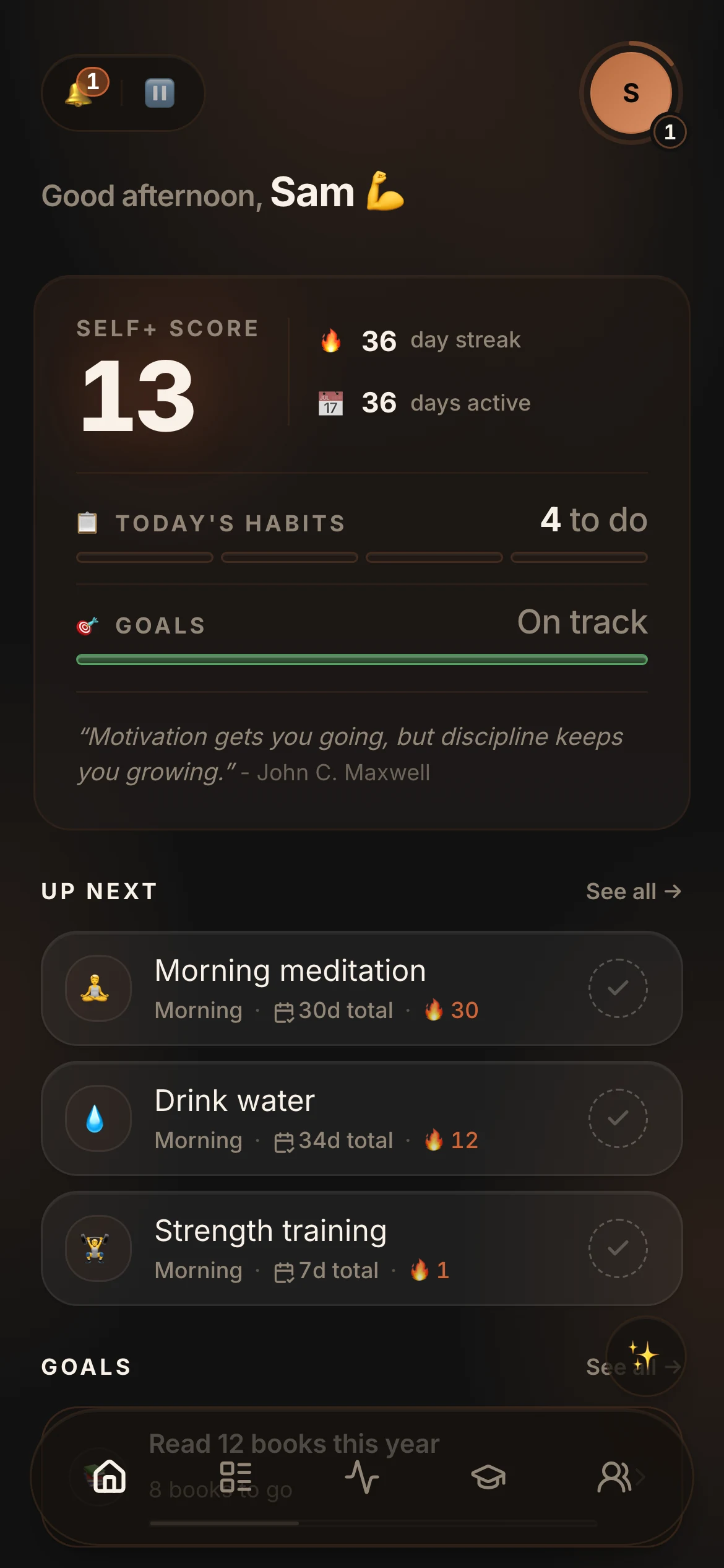 The Self+ Home hub, in the Mascu+ dark theme