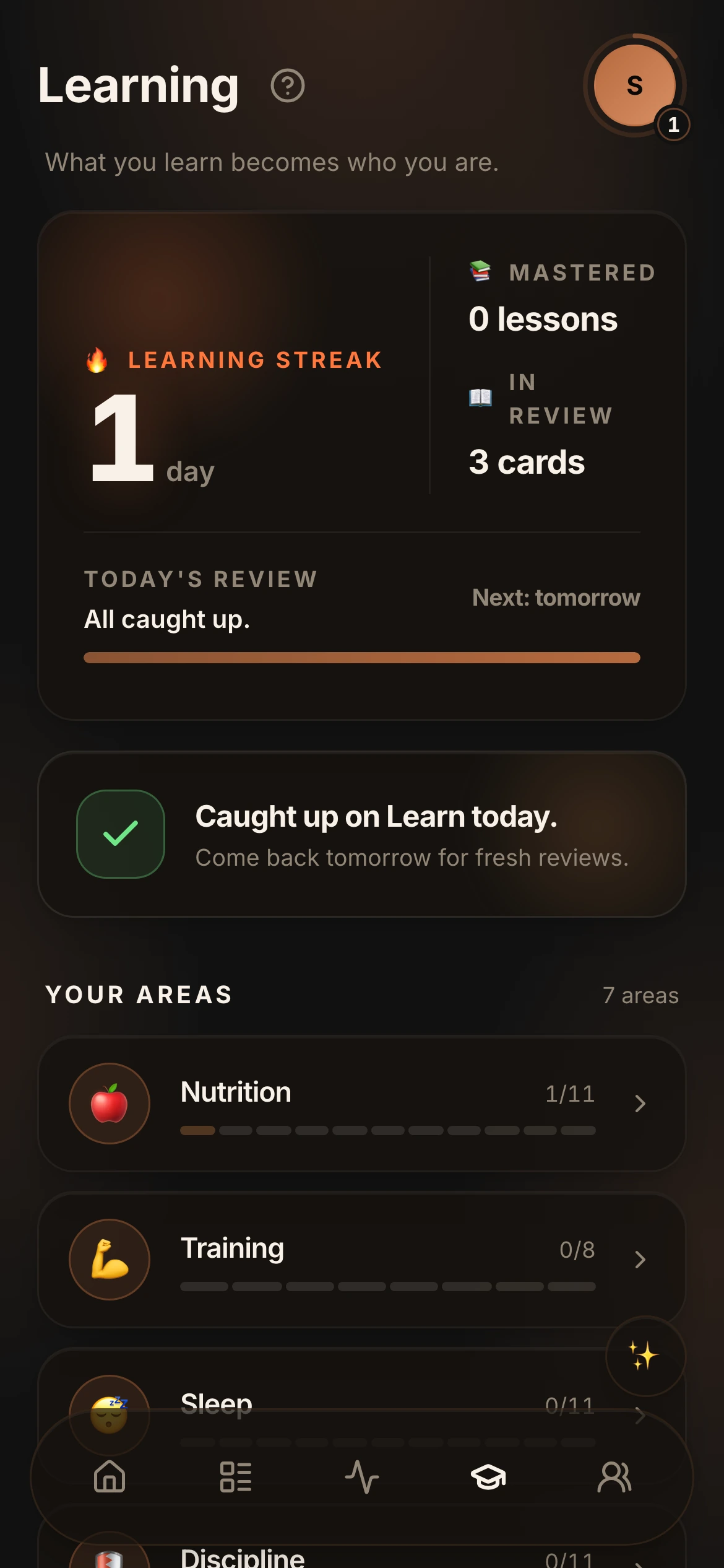 The Self+ Learn hub on day one, before any lessons are started, in the Mascu+ dark theme