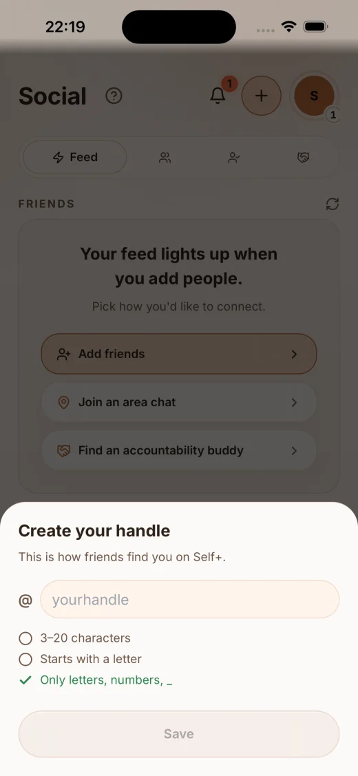 The Self+ Social hub on a first visit, setting up a handle, in the Femi+ light theme