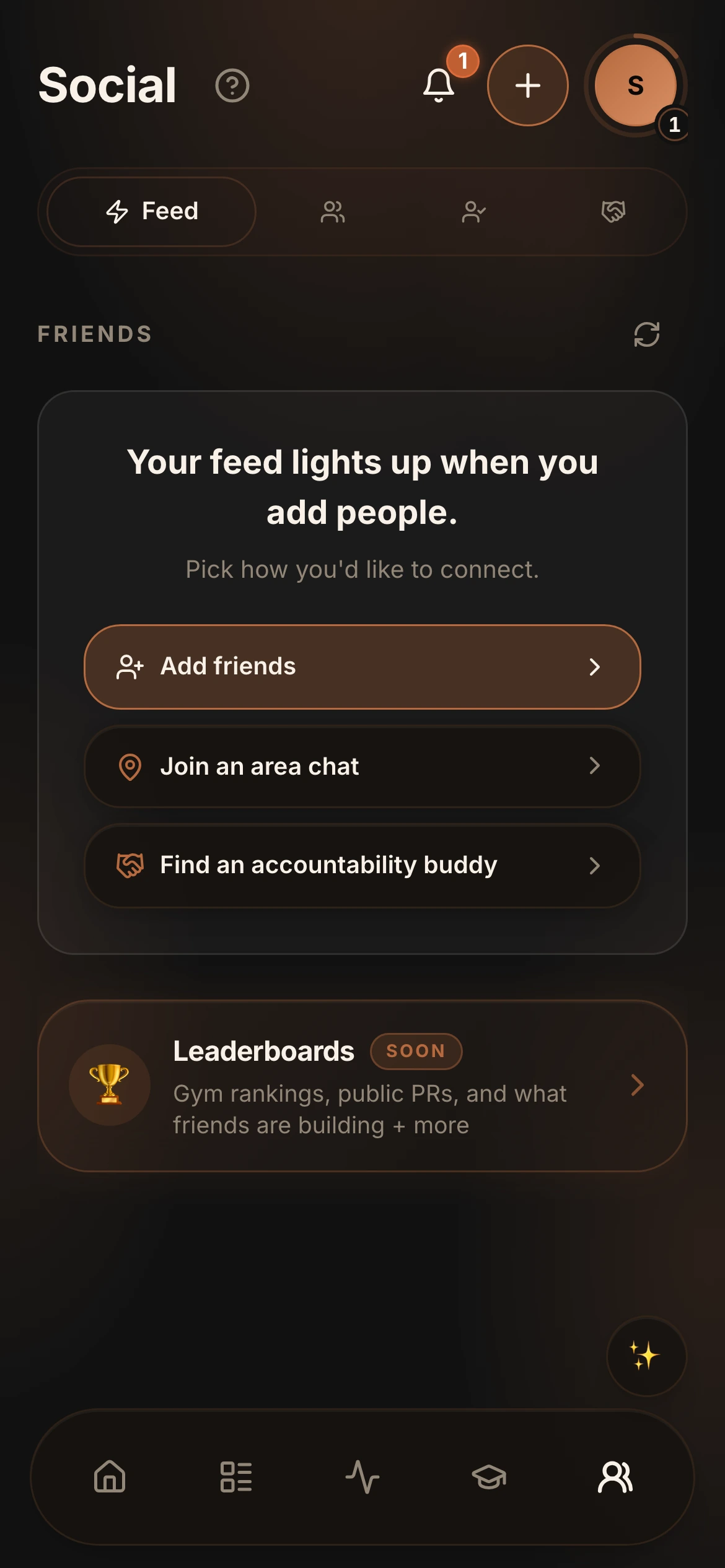 The Self+ Social hub on a first visit, setting up a handle, in the Mascu+ dark theme